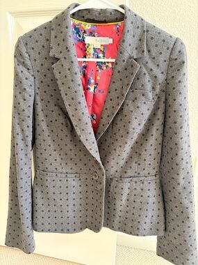 Boden Gray Polka Dot Tailored Blazer with Coral Floral Lining